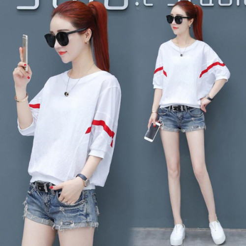Women's Summer Loose Korean Style Casual T-Shirt with Batwing Collar and Five-Finger Sleeve