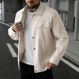 欧美帅气复古灯芯绒夹克男春秋季工装翻领外套休闲百搭长袖上衣