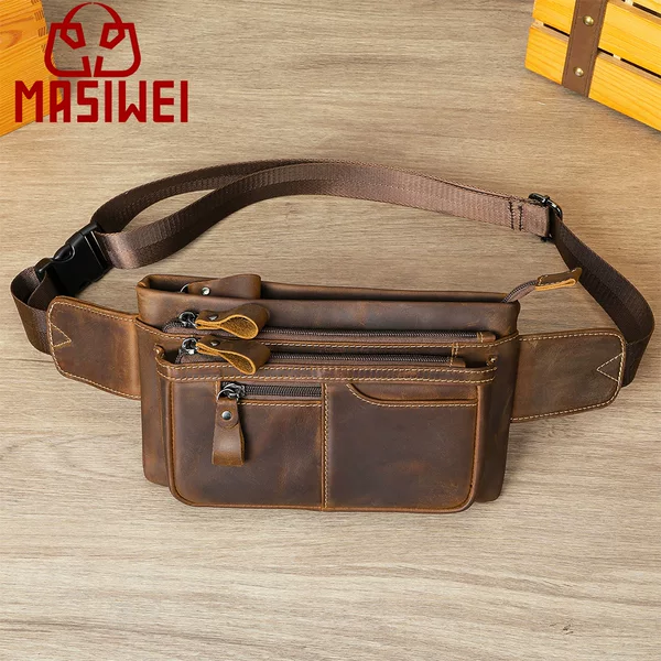 New retro Crazy Horse Sports waist bag genuine leather outdoor men's multi-functional commuter crossbody chest bag wholesale