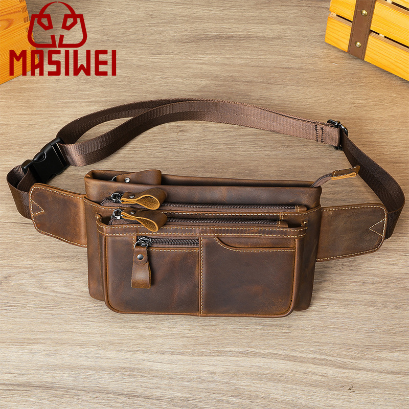 New retro Crazy Horse Sports waist bag genuine leather outdoor men's multi-functional commuter crossbody chest bag wholesale New retro Crazy Horse Sports waist bag genuine leather outdoor men's multi-functional commuter crossbody chest bag wholesale