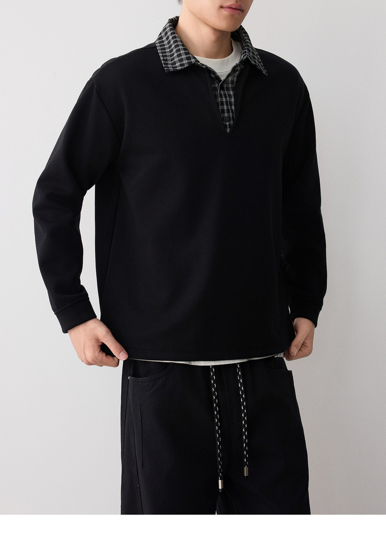 Áo hoodie nam nỉ hai lớp cổ lạnh kiểu giả hai lớp — đen chi tiết 21