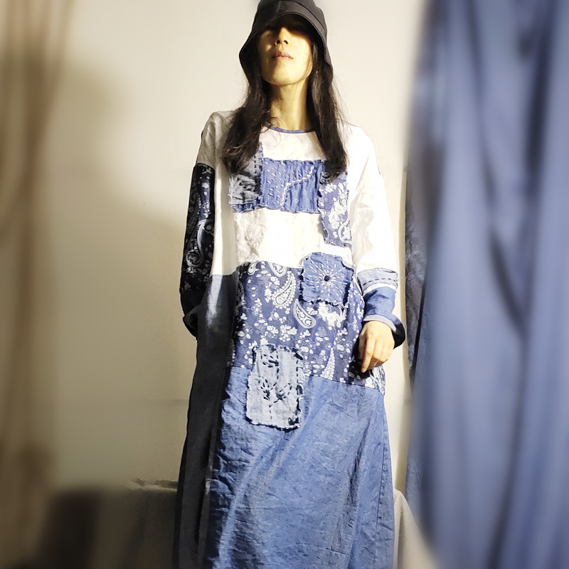 Loose Denim Printed National Style Retro Literary Extended Pullover Blue Splicing Linen Contrasting Color Hand Thread Embroidered Dress