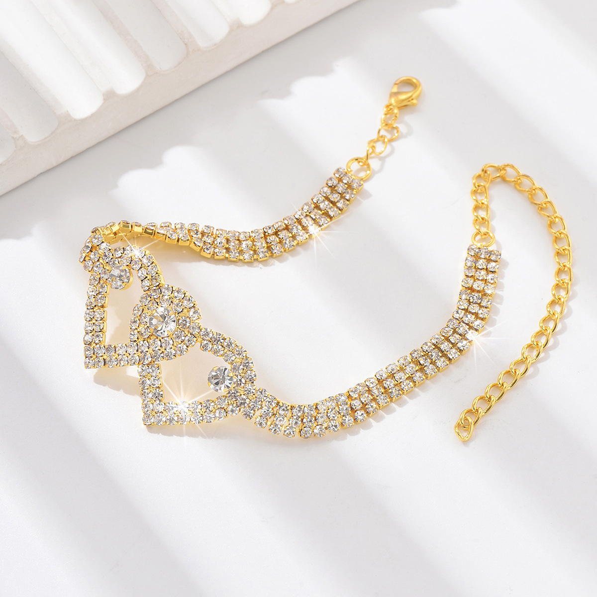 Fábrica al por mayor venta caliente transfronteriza cadena de pie de doble corazón de moda de diamantes completa joyería de playa de verano cadena de pie de diamantes de imitación en forma de corazón de todo fósforo