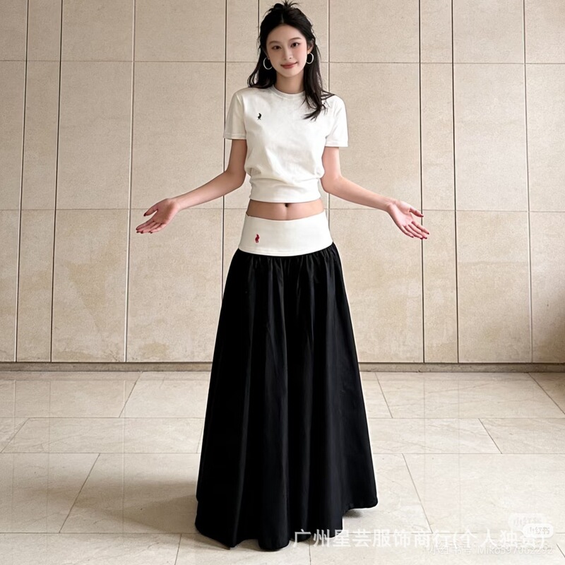 Top Version 26 Spring/Summer Small Horse Embroidery A-Line Color-Blocking Large Hem Casual Long Skirt for Women