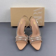 ZA2024年夏季新款凉女高跟鞋天然色亮光镶饰透明尖头细高跟休闲女