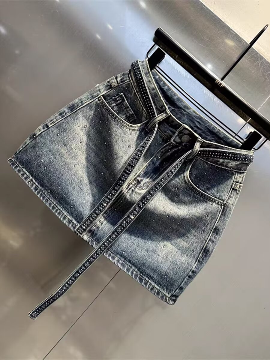 Retro Farbverlauf Denim Midi Rock Mit Strass Hochtailliert Slim_voghion.com