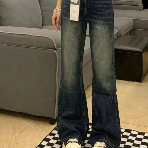 Plus-size retro bootcut jeans women's autumn loose floor-length wide-leg pants pear-shaped figure high-waisted slimming long pants