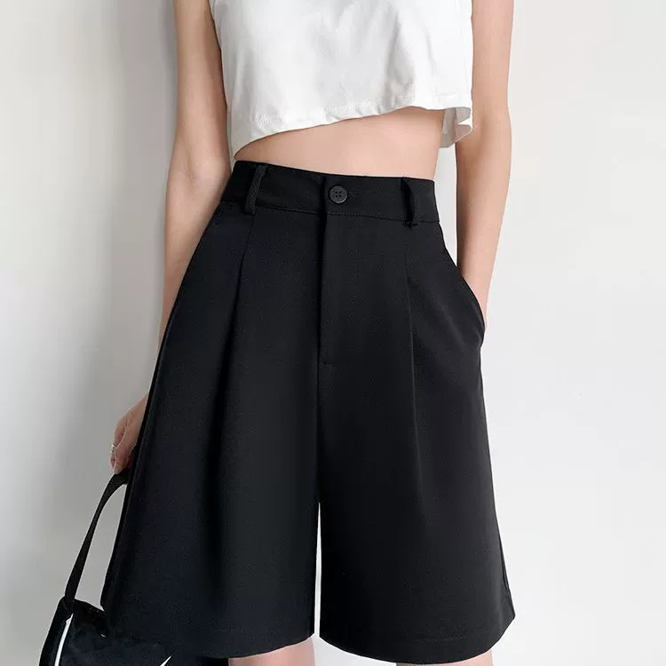 Five-point Suit Shorts Women's Summer Thin Loose High Waist Half Pants Dosing Black Slim a-shaped Wide-leg Straight Pants
