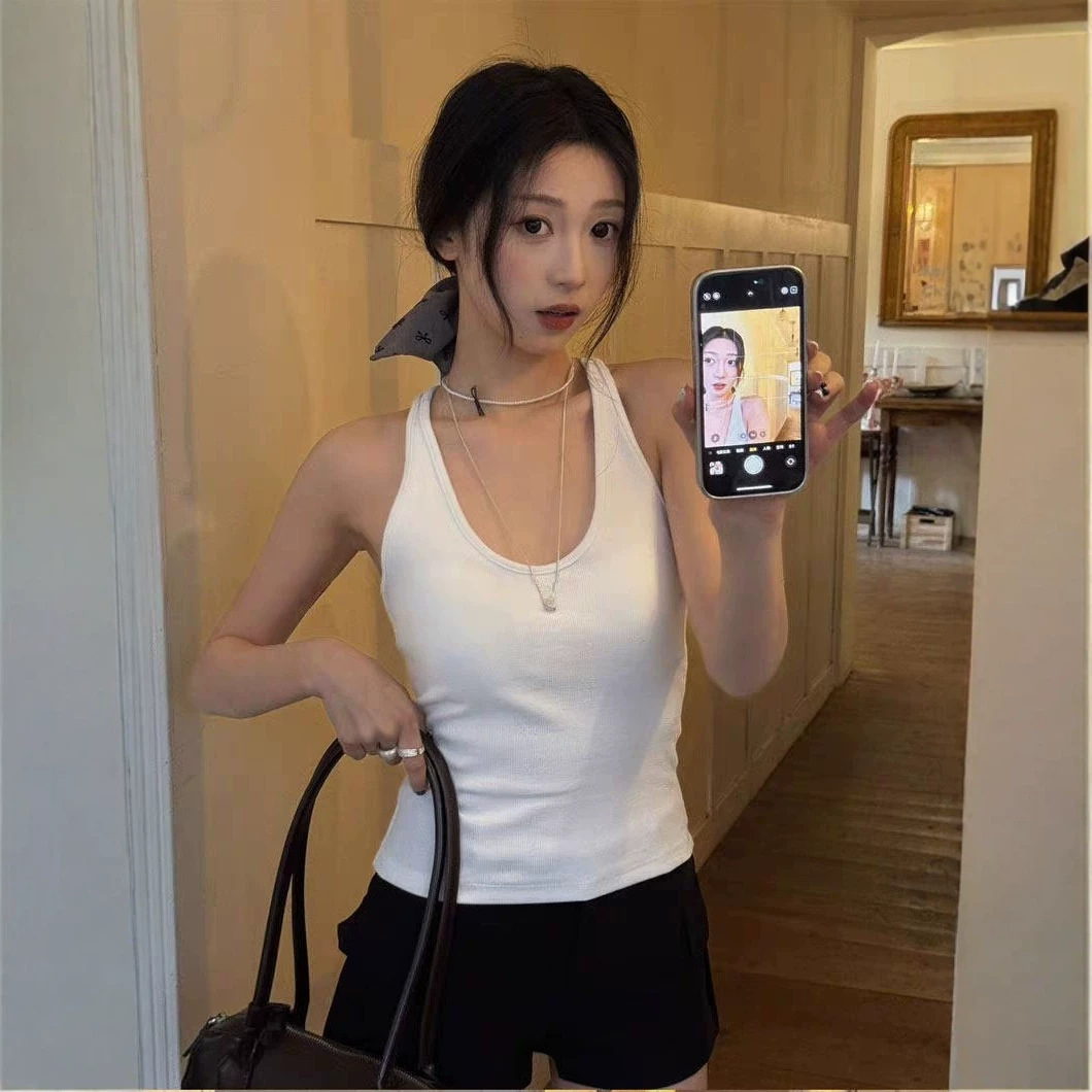 Hot girl solid color camisole tank top with bra pads, slim fit, sexy back, outerwear, slimming base layer, sleeveless top, summer