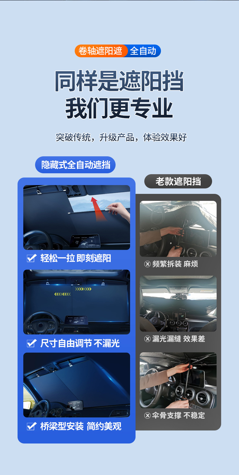 Car Sunshade, In-Car Sun Protection and Heat Insulation Sunshade, Automatic Retractable Front Windshield Car-Mounted Roll-Up Sunshade
