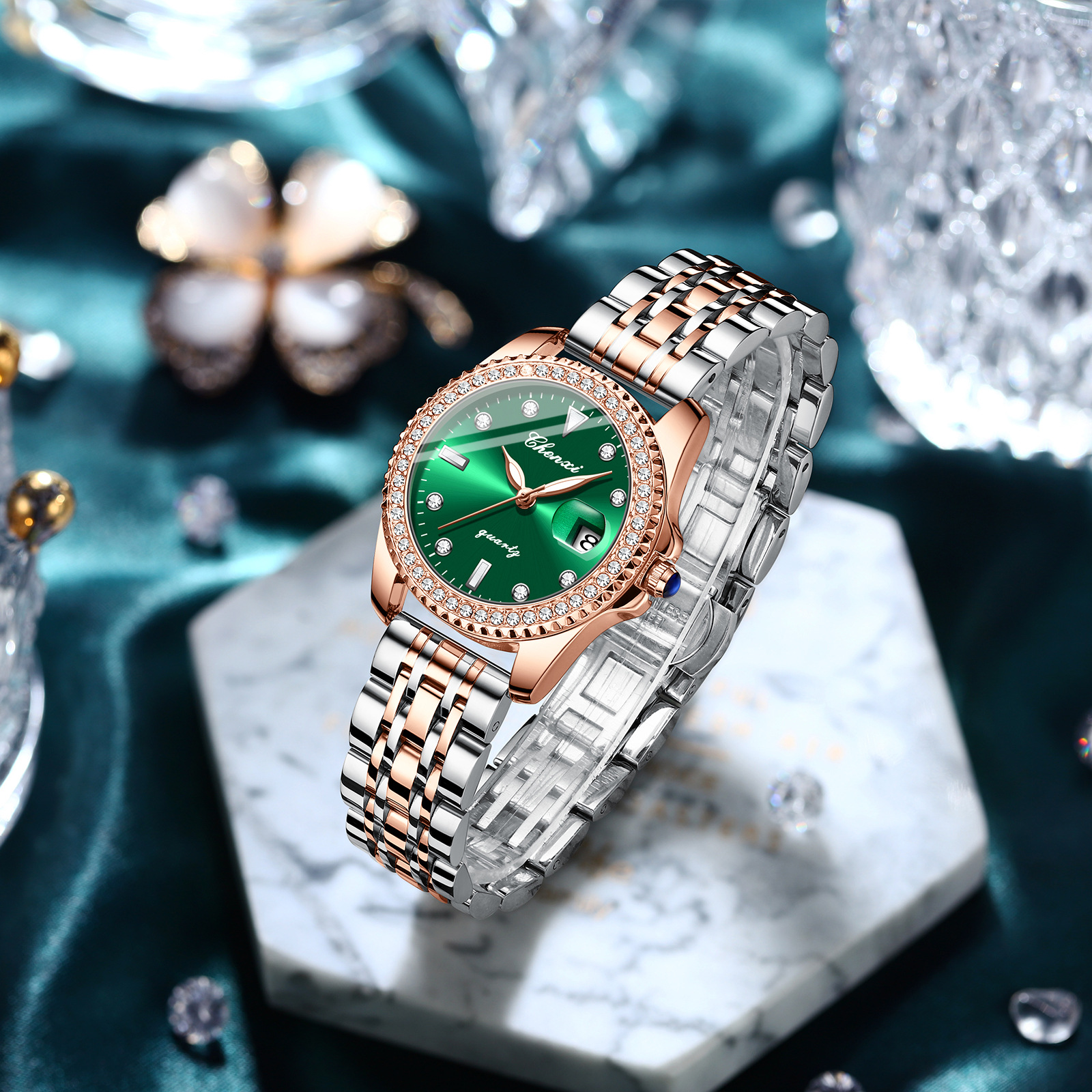 CHENGXI Chenxi 385 reloj de cuarzo redondo de moda para mujer impermeable creativo cinturón de acero moda pequeño reloj verde reloj