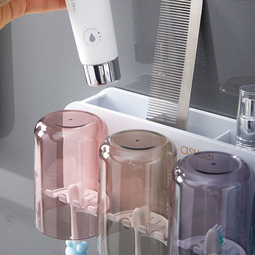 Bathroom toothbrush rack toothbrush storage rack punch-free wall-mounted toothbrush cup storage rack toothpaste squeezer toothbrush holder