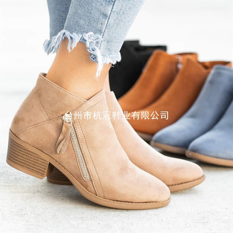 高品质外贸女鞋新款粗跟大码女靴绒面马丁靴低跟侧拉链短靴女|undefined