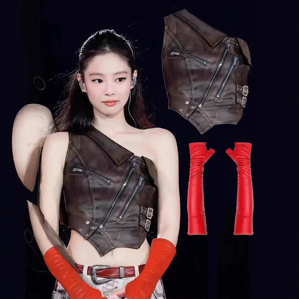 现货金智妮jennie同款衣服不对称拉链机车背心PU皮短款斜肩上衣女