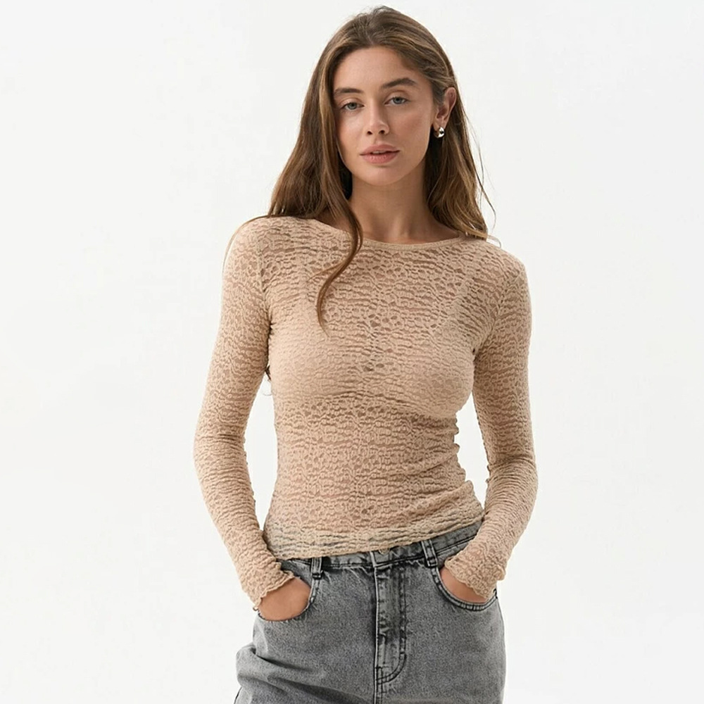 2024 otoño y invierno de Europa y Estados Unidos nueva moda de cuello redondo perspectiva sexy camisa de legging de manga larga delgada camisa superior image 4