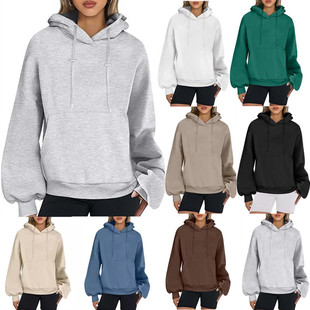 Cross-Border 2024 Temu Amazon Autumn and Winter Solid Color Casual Hooded Top Women's Long-Sleeved Sweatshirt Versatile Lantern Sleeves