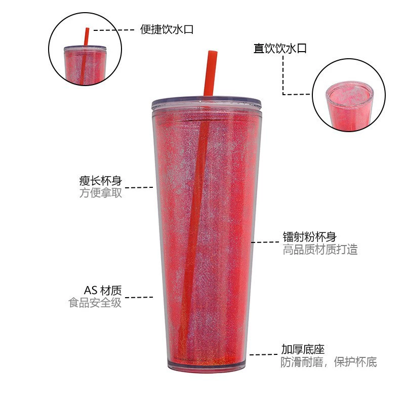 Мы производители! Двухслойная пластиковая соломенная чашка в европейской и американской чашке для воды, пластиковая чашка со сверкающим лазерным порошком