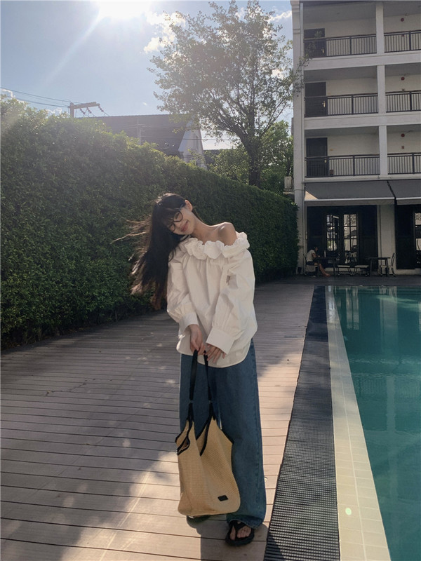 法式温柔风一字肩花苞长袖衬衫女宽松显瘦长袖衬衫|undefined