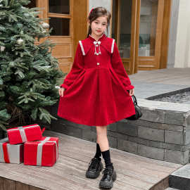 女童秋冬加绒花朵公主裙子中大童国风盘扣拜年服洋气冬装连衣裙潮