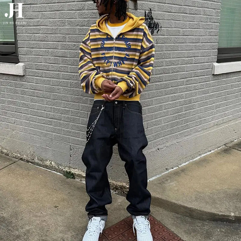 Customized New Men's Stripesd Zipper Hoodie Oversized Embroidered Loose Heavyweight French Terry Sweatshirt Cardigan