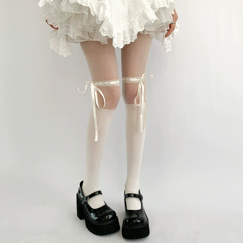 Japanese mint white thin tights with bow