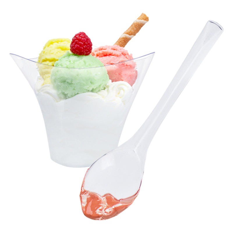 Taza de mousse de 100ml PS de plástico transparente 3,4 oz taza de pudín en caja taza irregular con cuchara en stock transfronterizo