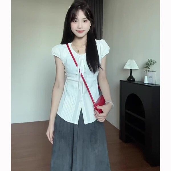 French-Style Lace-Up White Puff Short-Sleeve Shirt for Women, Summer 2026 New Sweet Loose Slimming Cardigan Top Trendy French-Style Lace-Up White Puff Short-Sleeve Shirt for Women, Summer 2026 New Sweet Loose Slimming Cardigan Top Trendy