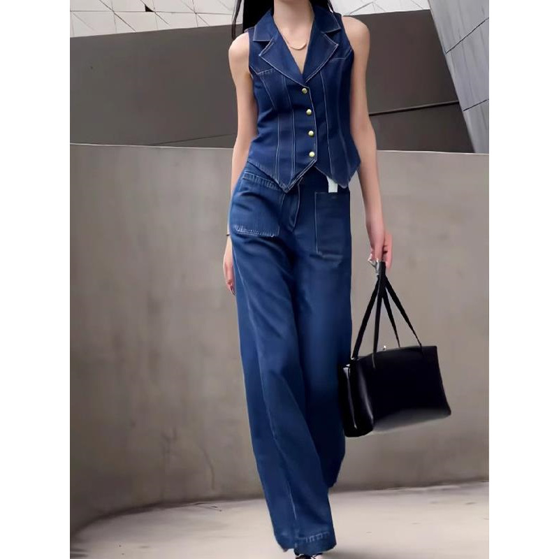 Hong Kong Style Retro Denim Suit for Women, Summer Fashion, Street Style, Age-Reducing, High-End V-Neck Vest, Wide-Leg Pants Two-Piece Set