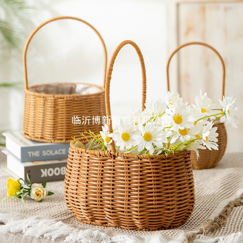 Cesta de flores de ratán tejida a mano, cesta de flores frescas portátil, cesta de paja, cesta de bambú, decoración para bebés, cesta de flores para el hogar.