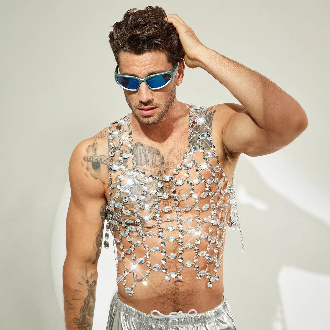 European and American foreign trade AliExpress summer new arrival hollowed-out sparkling crystal pendant men's sexy vest top 25760
