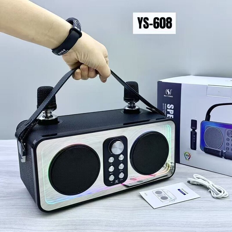 YS608 ポータブル屋外家庭用レザーテクスチャハイパワー 3600 mAh デュアルワイヤレスマイクカラオケスピーカー|undefined