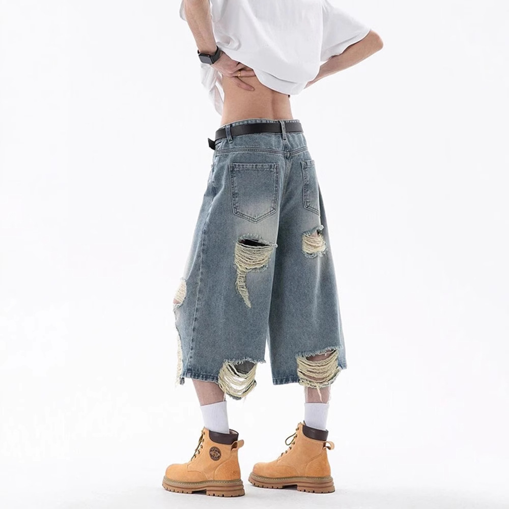 Retro Blue High-Waisted Ripped Denim Shorts Men's Summer Vintage Pants American High Street Straight Cropped Pants