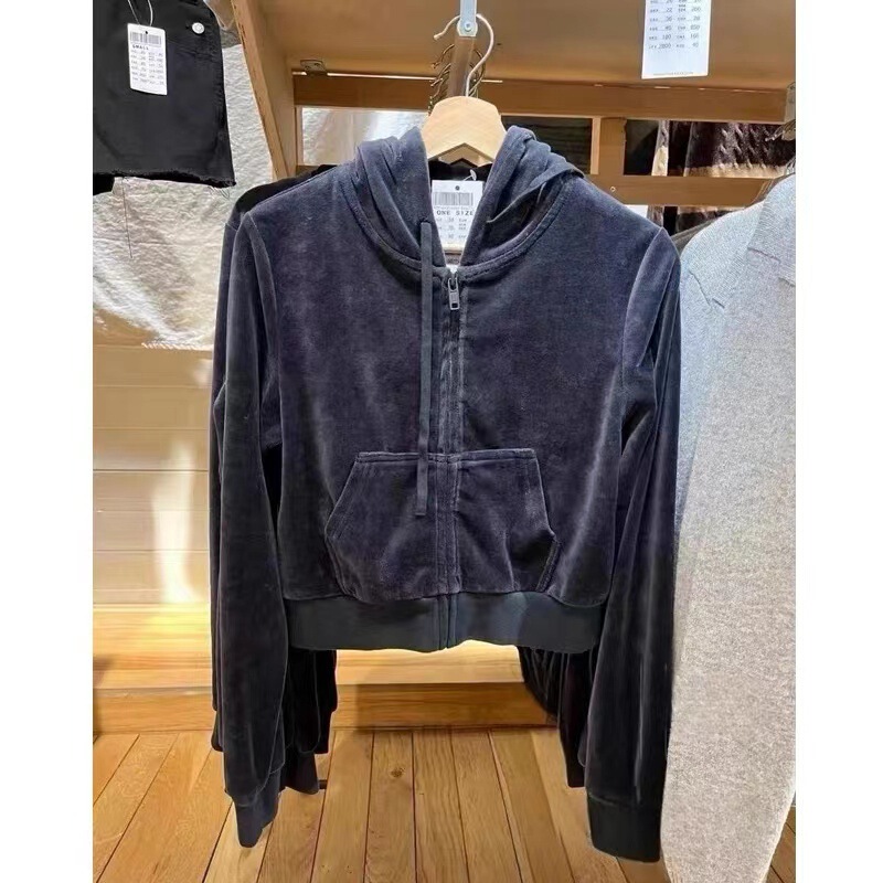 BM style autumn new dark blue velvet hooded zipper coat Short Coat Velvet sweater women's cardigan