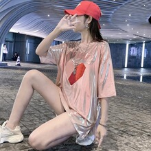 夏装新款BF消失冰丝t恤女ins潮国潮牌亮闪闪下衣短袖嘻哈宽松上衣