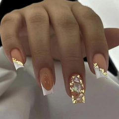 Long and mid-length European-style white French manicure with pure desire gold powder eggshell fragments wear-on nails wholesale