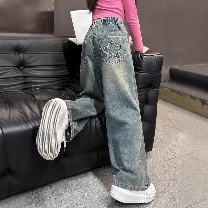 Girls' Pants Spring and Autumn Fashionable Western-style Spring Big Children's Wide Leg Pants Internet Celebrity Fried Street Spring Loose Children's Jeans