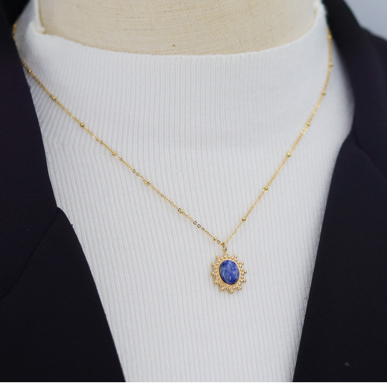 1 Piece Simple Style Oval Titanium Steel Inlay Blue San Pendant Necklace_colorza_2