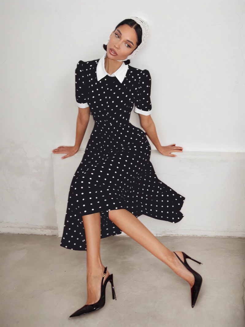 French-Style Polka Dot Print Dress 2026 Spring/Summer New Color-Blocking Fashion Elegant Commuter Waist-Cinching A-Line Dress