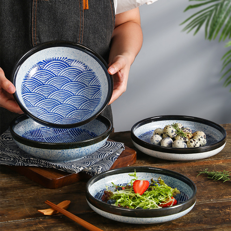跨境日式陶瓷盤子深盤湯汁盤拌麵飯盤菜盤海波紋出口日本餐廳餐具