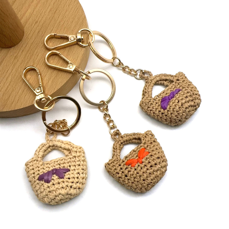Handmade Raffia Woven Small Bag Keychain Pendant Bow Pendant Luggage Car Home Accessories Accessories