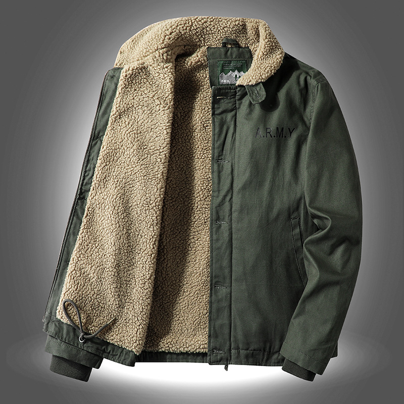 Men's Workwear Jacket – Heavyweight Cotton With Fleece Lining, Military-Style Winter Coat(M-5XL, Khaki/Green/Navy, Button-Up Collar)_voghion.com