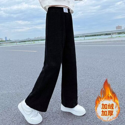 Women's Pants Autumn/Winter Style for Older Children, Stylish Casual Loose Wide Leg Pants with Fleece Lining for Outdoors