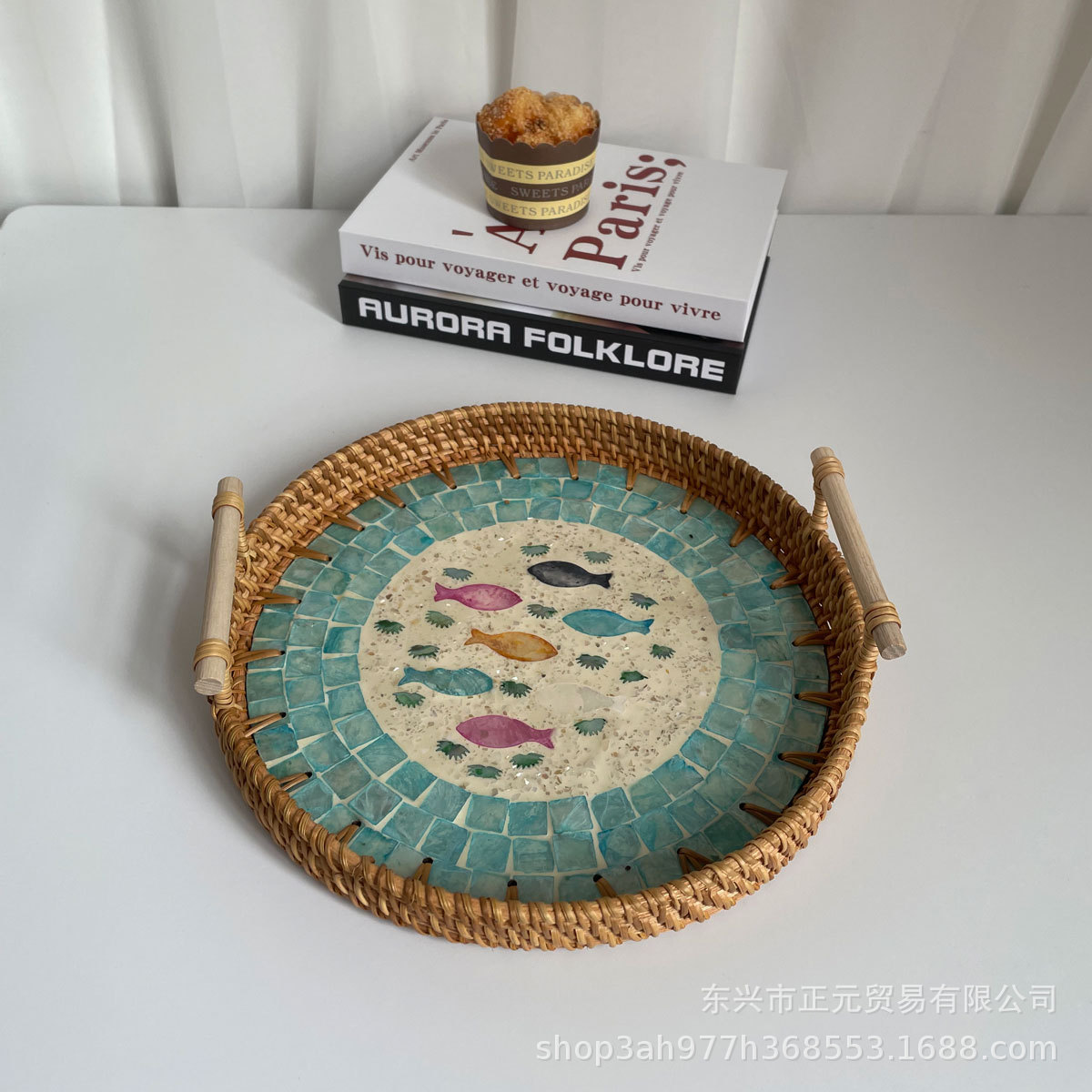 Vietnam ratán tejido Shell bandeja color Shell tejido merienda cesta de almacenamiento merienda bandeja fruta pan té bandeja