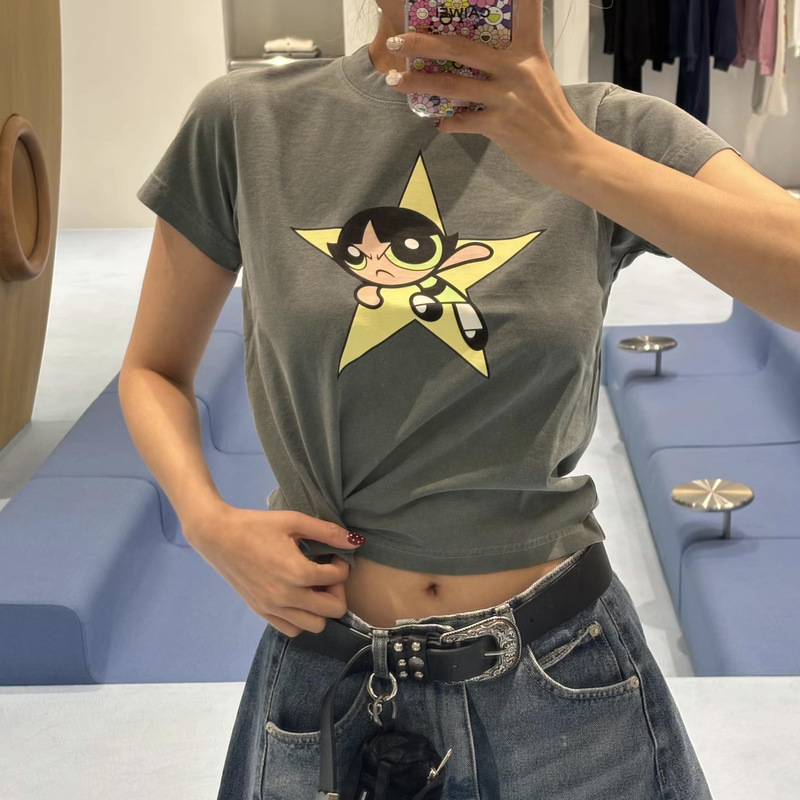 2026 Spring and Summer New Niche Design American Retro Distressed Cartoon Print Pullover Round Neck Short-Sleeved T-Shirt for Women