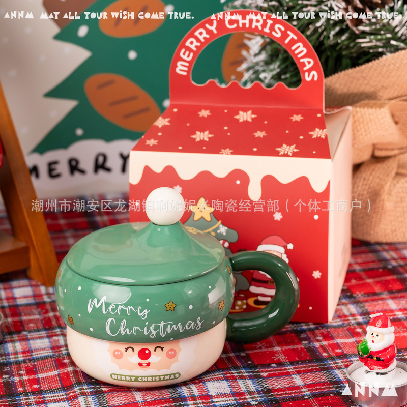 漫画クリエイティブクリスマスプレゼントマグカップ蓋付きスプーン付きセラミックカップクリスマスお土産かわいいカップ|undefined