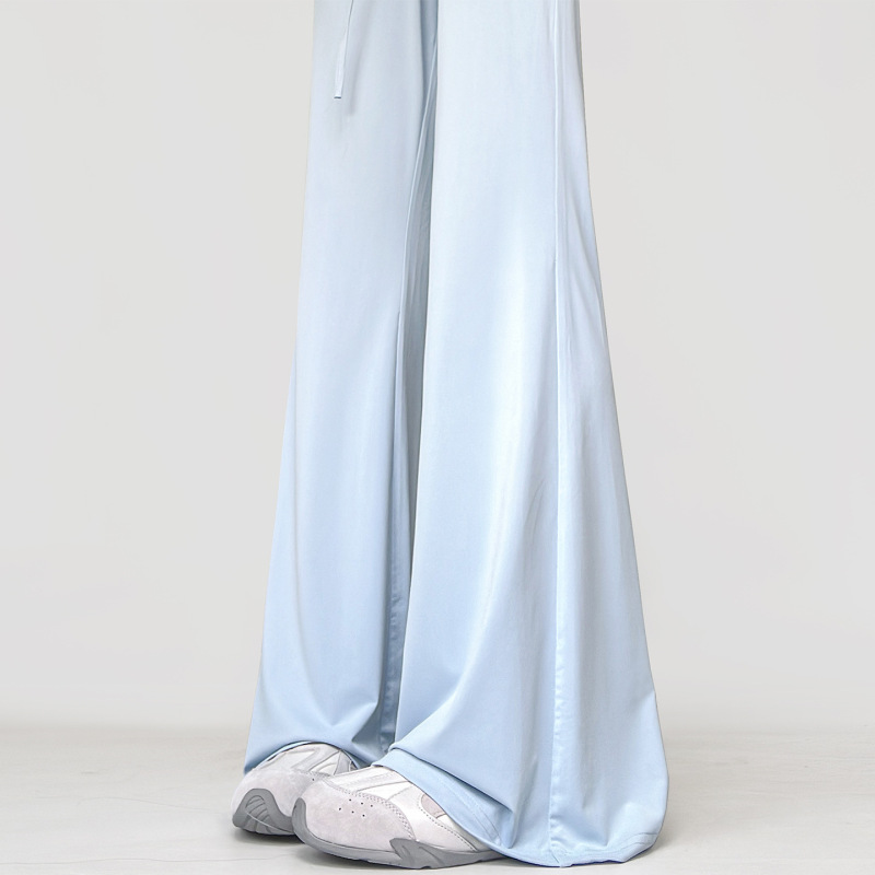 Blue Sports Sun Protection Pants for Women, Summer Thin High-Waisted Casual Sweatpants, Petite Drape Ice Silk Yoga Flared Pants