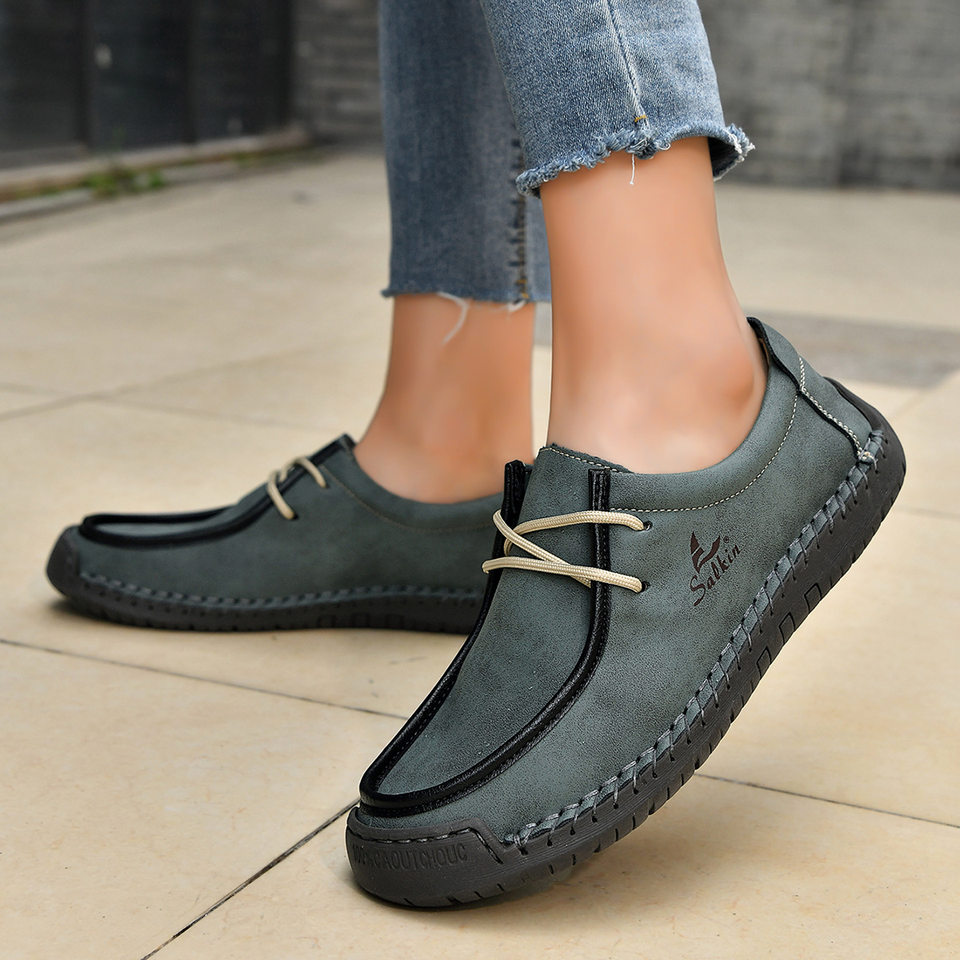 Giày lười unisex cỡ lớn 48, mũi tròn, mặt vải lanh, đế bằng gót thấp, dây buộc phía trước — 2801 Vàng kim, 2801 Xanh lá cây táo, 2801 Xanh đậm, 2801 màu xanh chi tiết 11