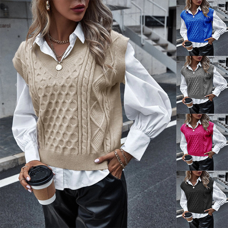 Dunhuang.Com Small Batch Women's Sweater Fashionable Knitted Vest Autumn and Winter New Style Sleeveless Cable Knit V-Neck Top