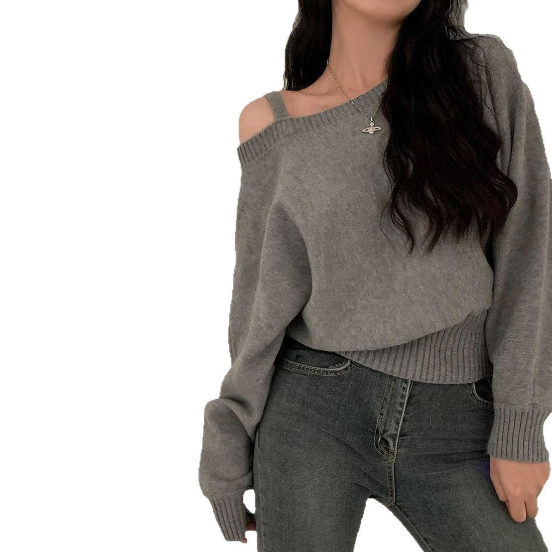 Autumn one-sided solid sexy knitted sweater, Korean style, lifting effect