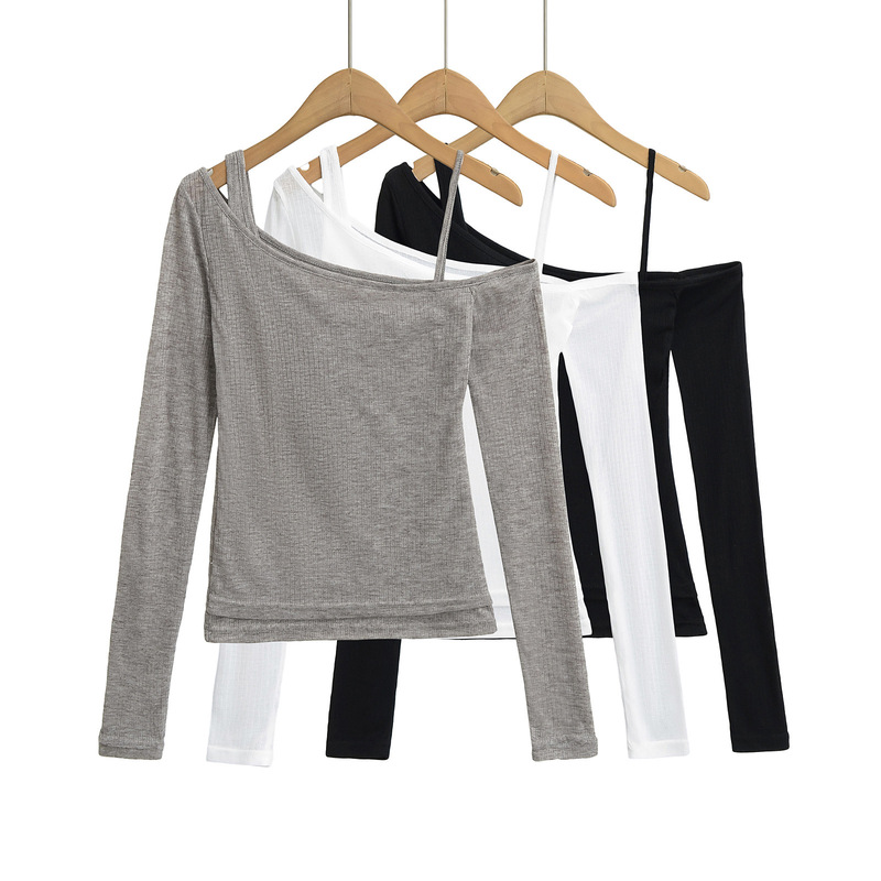 Spring FS553-25 New European and American Style INS Blogger Irregular Fake Two-piece Thin Knitted Top T-shirt Spring FS553-25 New European and American Style INS Blogger Irregular Fake Two-piece Thin Knitted Top T-shirt